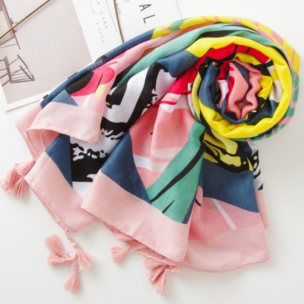 Vivid Floral Print Scarf Bohemian Scarf with Tassels
